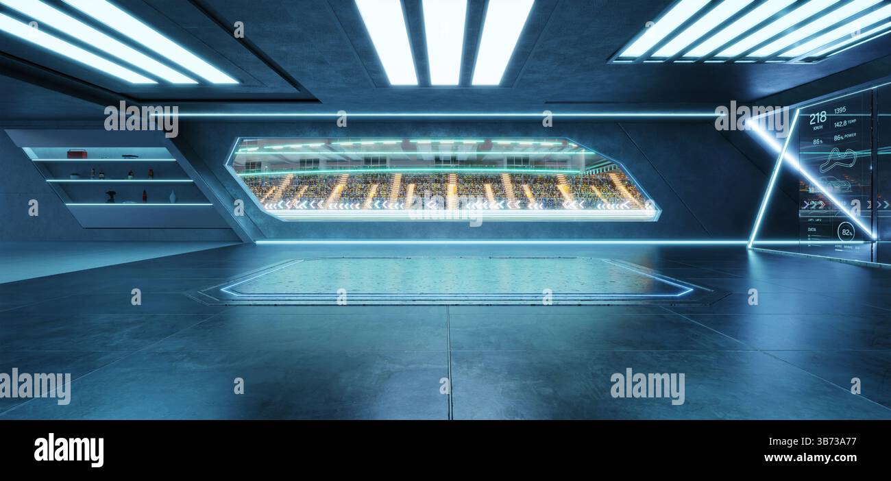 Garage futuristico vuoto affacciato sulla pista illuminata con spettatori entusiasti e dati digitali visualizzati sugli schermi. Rendering 3D. Foto Stock