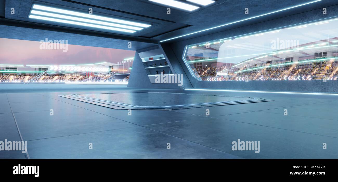 Spazio vuoto e futuristico in garage affacciato su una pista da corsa vivace e illuminata con spettatori entusiasti durante una gara serale. Rendering 3D. Foto Stock