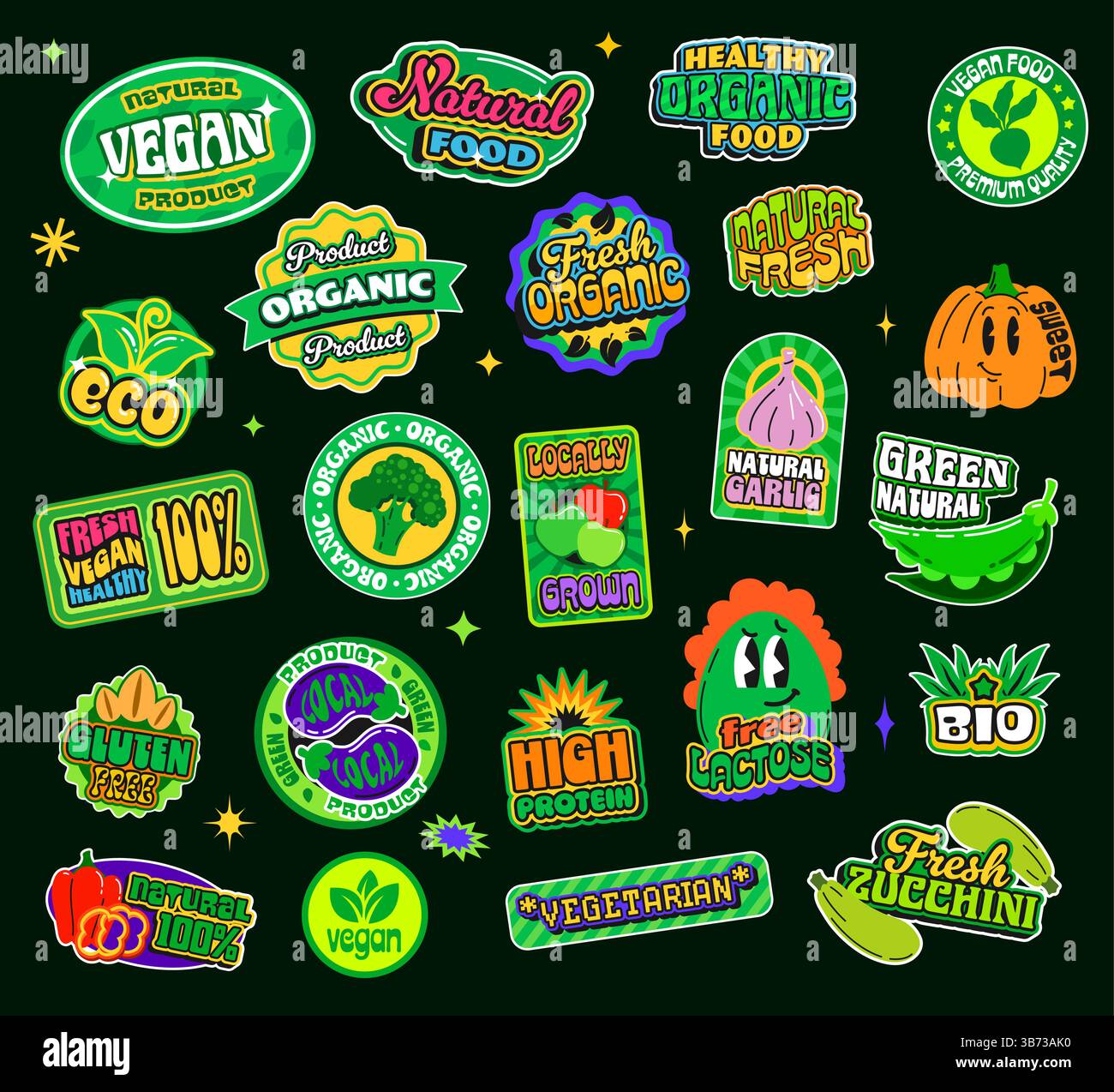 Adesivi per alimenti vegani biologici y2k Groovy patch, etichette retro funky con prodotti naturali con frutta e verdura ecocompatibili vettoriali. Trendy anni '90 y2k sano b Illustrazione Vettoriale