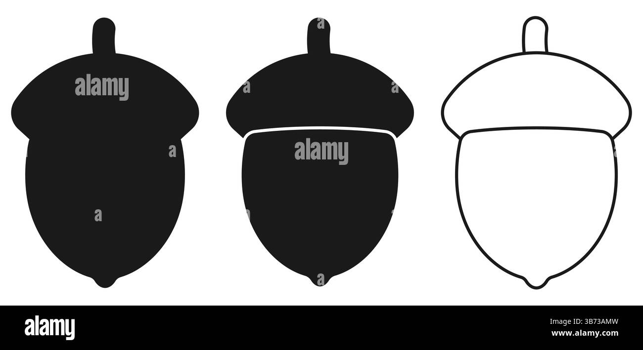 Un'incantevole collezione di silhouette a ghianda stilizzate che mostrano sorprendenti variazioni di colore nero, grigio e bianco Illustrazione Vettoriale