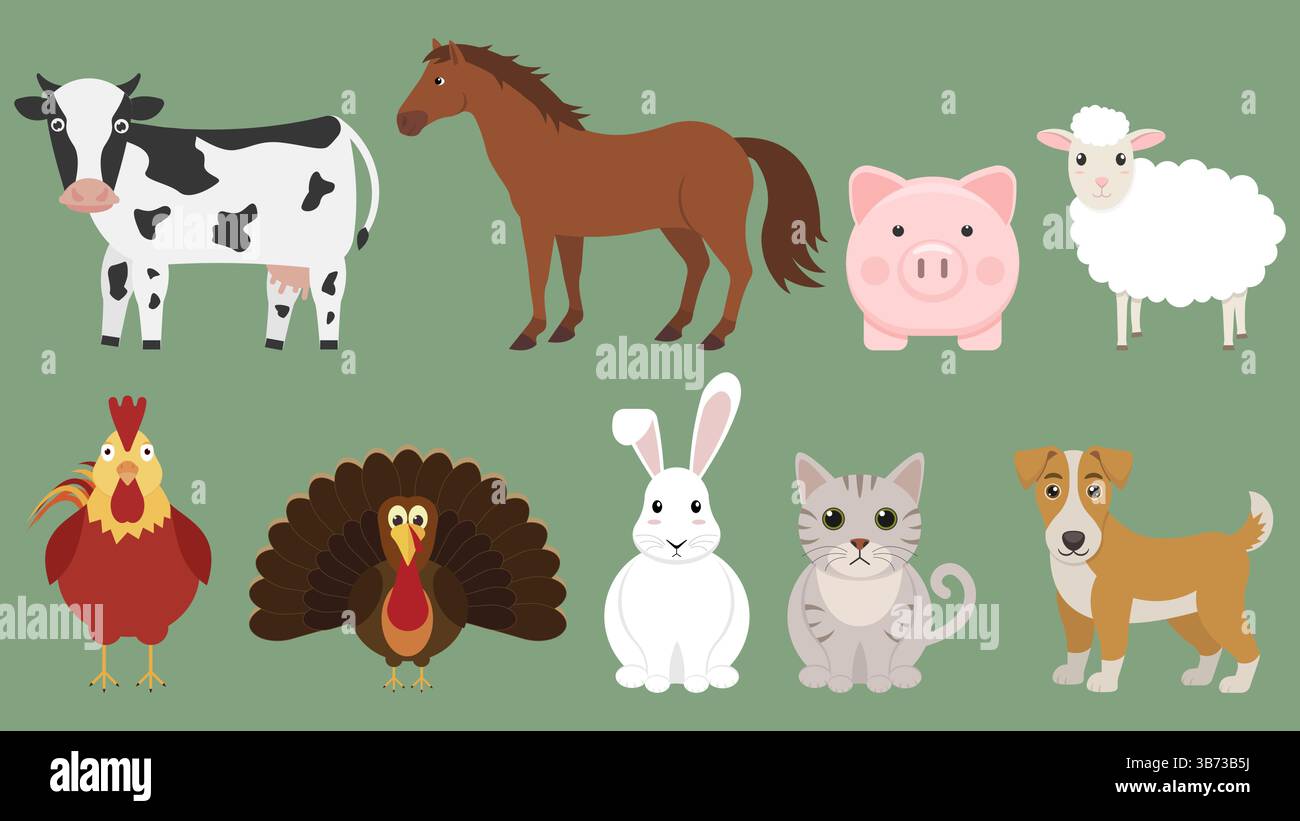 Una mucca, un cavallo, un pollo, un tacchino e un coniglio sono vari esempi di animali da fattoria allevati e curati dall'uomo Illustrazione Vettoriale