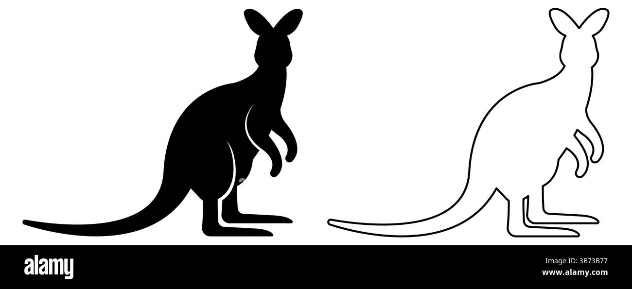 Silhouette sorprendenti e accattivanti di un canguro raffigurato in bianco e nero, perfette per vari progetti multimediali Illustrazione Vettoriale