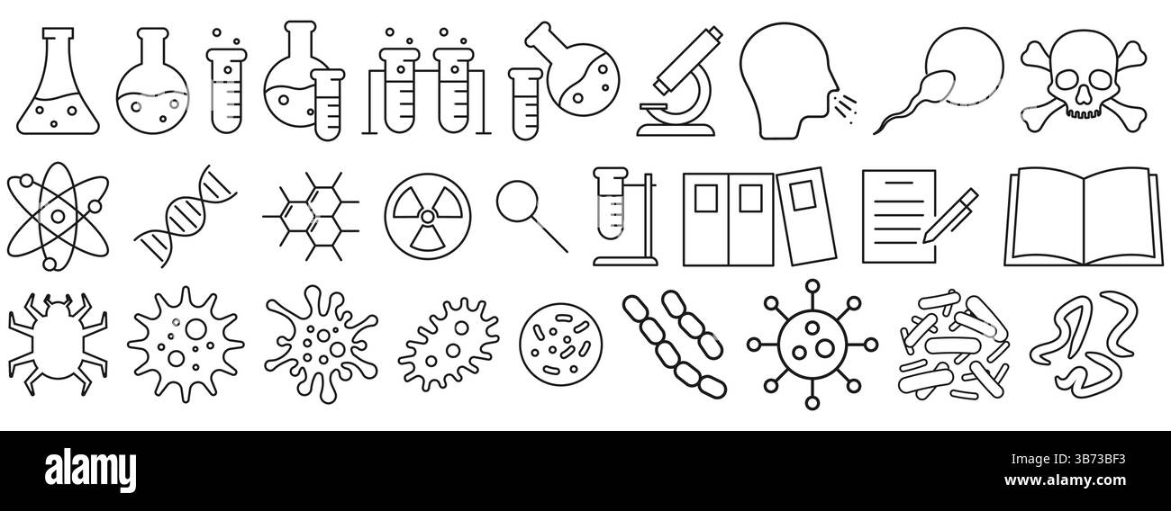 Questa raccolta diversificata di icone scientifiche rappresenta concetti chiave in chimica, biologia e ricerca Illustrazione Vettoriale