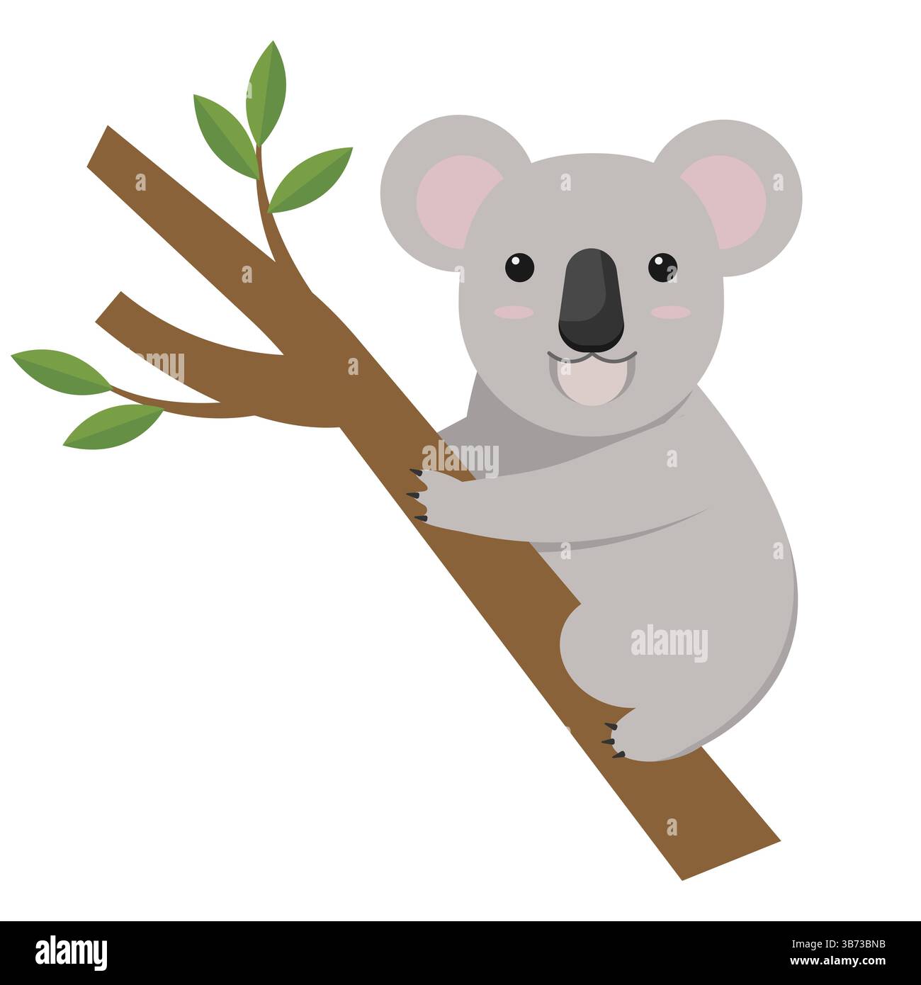 Un adorabile koala dei cartoni animati è arroccato felicemente su un ramo d'albero, circondato da lussureggianti foglie verdi nel suo habitat Illustrazione Vettoriale