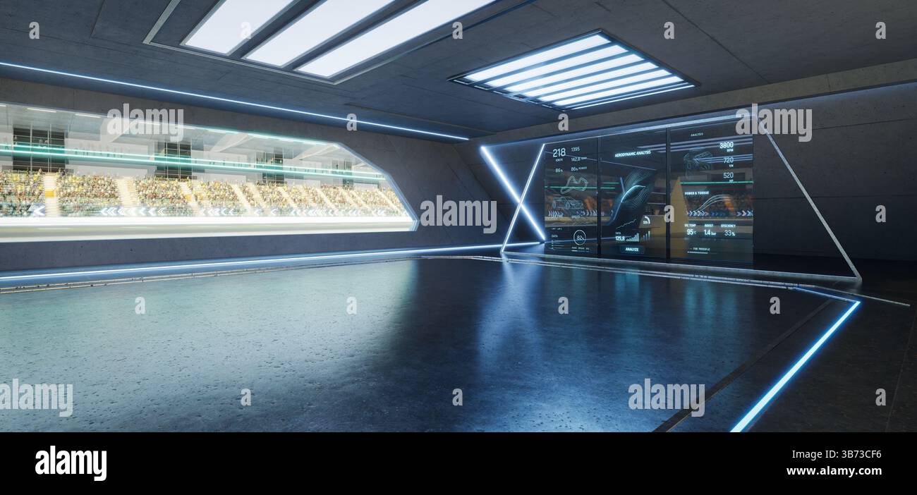Garage futuristico che visualizza le statistiche delle gare su uno schermo digitale, affacciato su un circuito con spettatori. rendering 3d. Foto Stock