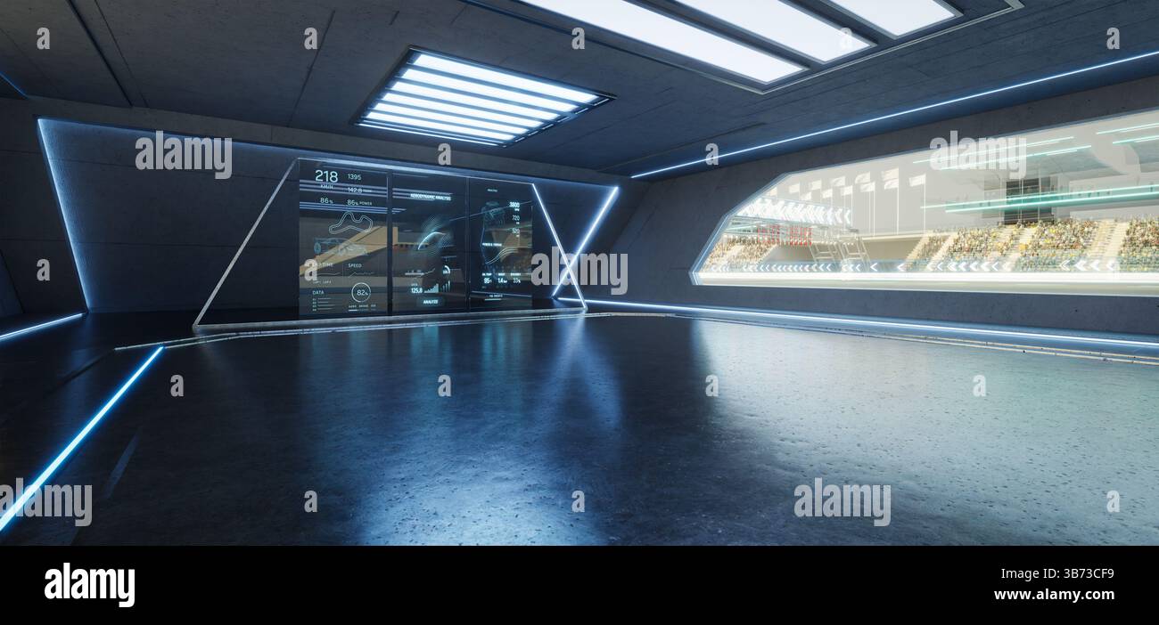 Garage futuristico che mostra la pista da corsa con display digitale e statistiche, riflettendo le luci al neon sul pavimento lucido. rendering 3d. Foto Stock