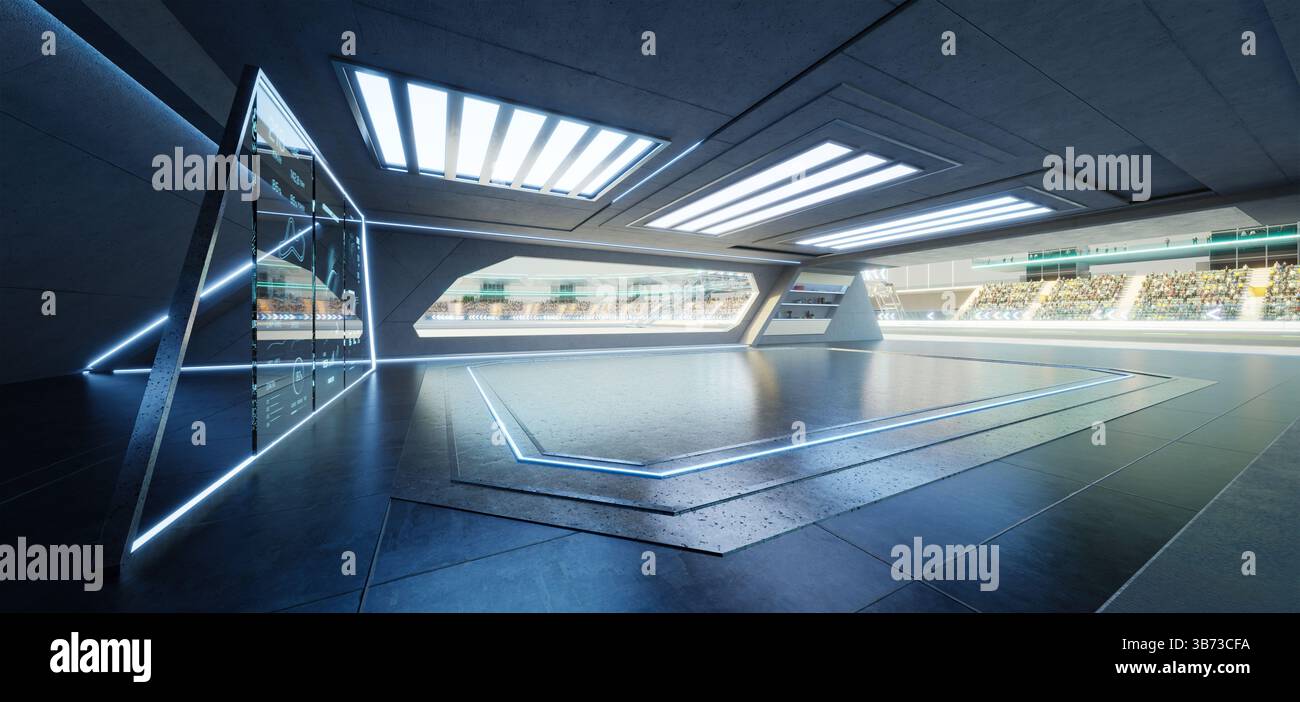 Futuristico spazio garage con pista e display digitali con luci al neon accese. rendering 3d. Foto Stock