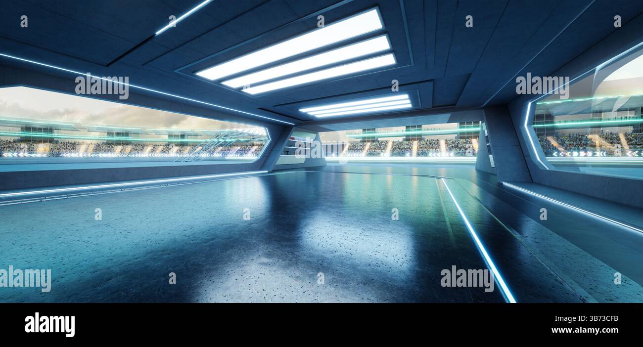 Garage futuristico con luci al neon accese che si aprono su un circuito con spettatori in tribuna durante una gara. rendering 3d. Foto Stock