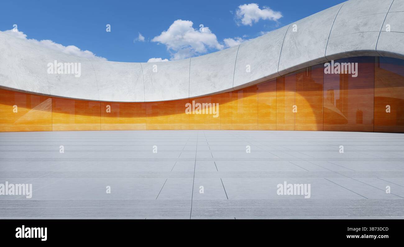 Area pavimentata vuota di fronte ad un edificio moderno con facciata in vetro arancione e una baldacchino in cemento, sotto un cielo blu con alcune nuvole. Rendering 3D. Foto Stock