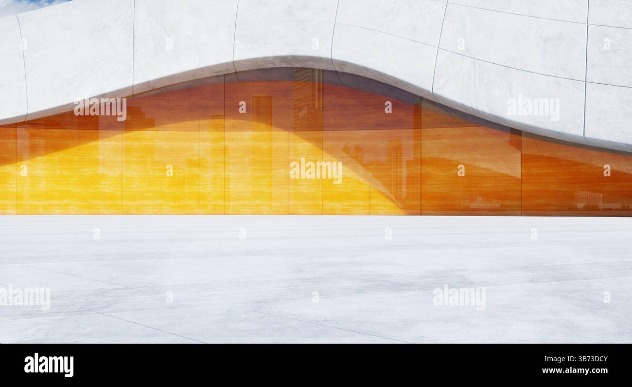 Terreno di cemento vuoto davanti all'edificio futuristico con facciata in vetro arancione che riflette lo skyline della città. Rendering 3D. Foto Stock