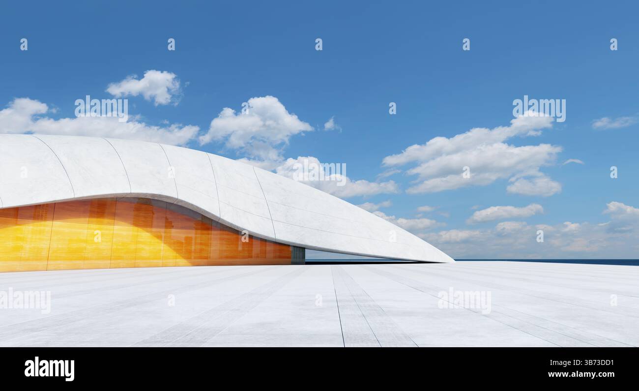 Edificio futuristico che mescola cemento e pannelli arancioni, caratterizzato da un tetto curvo sullo sfondo di cielo blu e oceano. Rendering 3D. Foto Stock