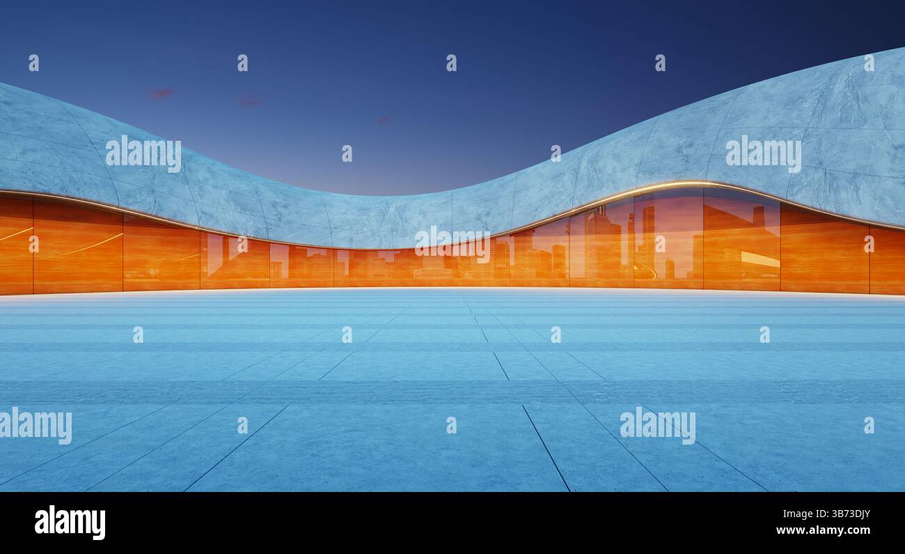 Una piazza vuota di cemento di fronte ad un edificio futuristico che riflette lo skyline della città al tramonto. Rendering 3D. Foto Stock
