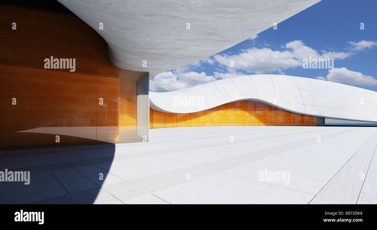 Edificio futuristico esterno che presenta una facciata in vetro arancione e cemento sotto un cielo nuvoloso. Rendering 3D. Foto Stock