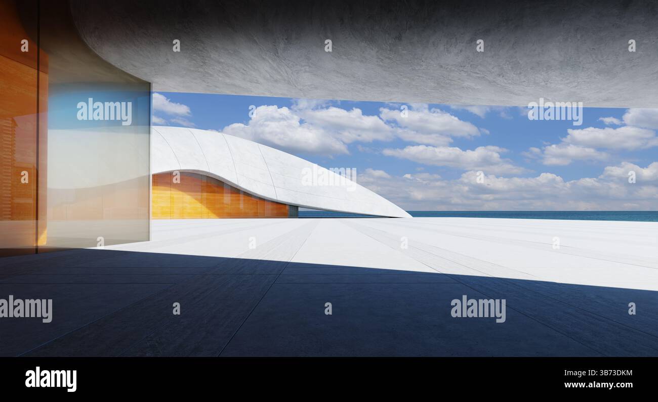 Edificio dall'architettura moderna con cemento e legno che si affaccia su un tranquillo oceano sotto un cielo nuvoloso. Rendering 3D. Foto Stock