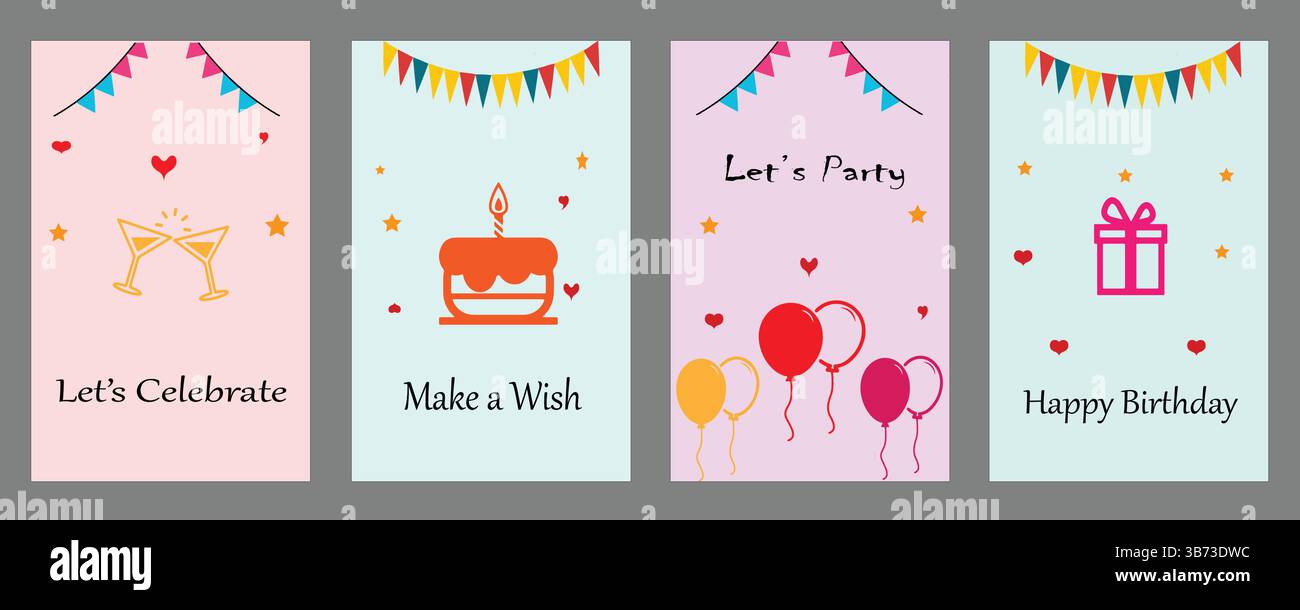 Set di biglietti per l'auguri di buon compleanno, striscione o modello con torta, palloncini, drink per la festa e decorazione della scatola regalo per il compleanno. File EPS vettoriale. Illustrazione Vettoriale