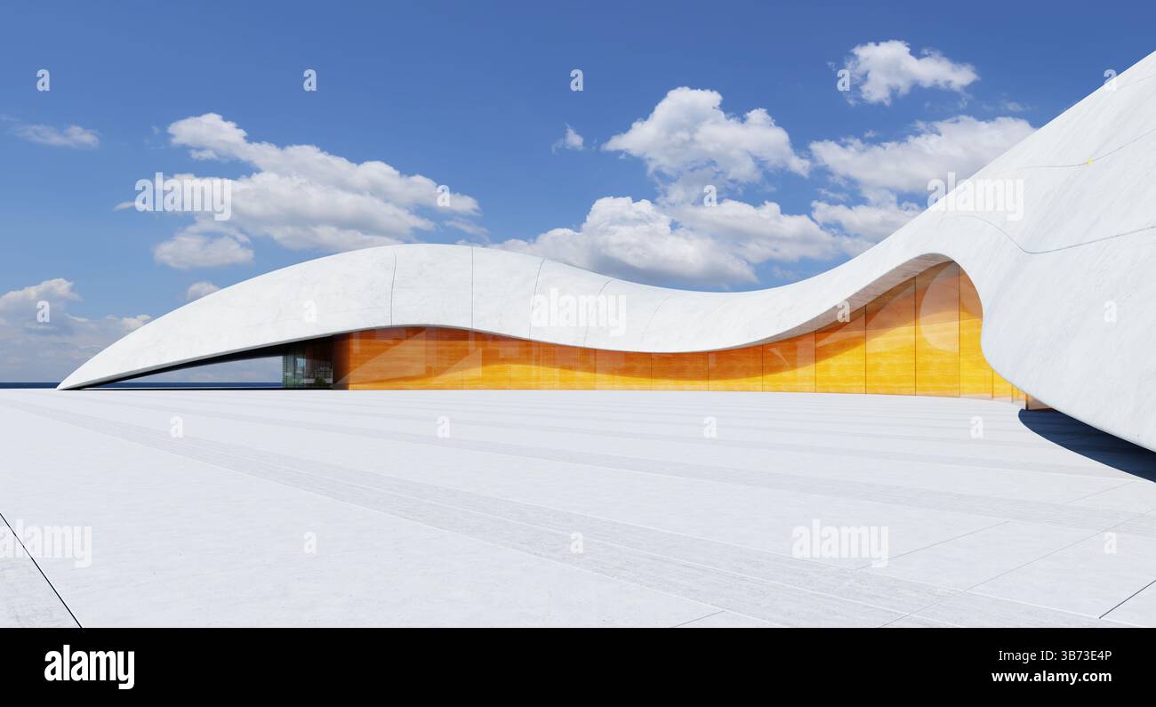 Edificio futuristico che presenta un design architettonico innovativo con una linea del tetto curva e una vibrante facciata di vetro arancione sullo sfondo di cielo blu e. Foto Stock