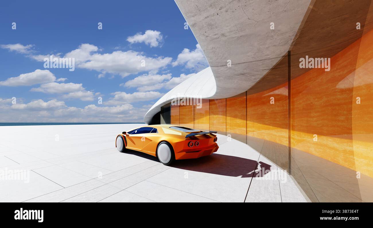 Moderna auto sportiva arancione parcheggiata vicino a un edificio futuristico sul mare sotto il cielo blu con alcune nuvole. Rendering 3D. Foto Stock