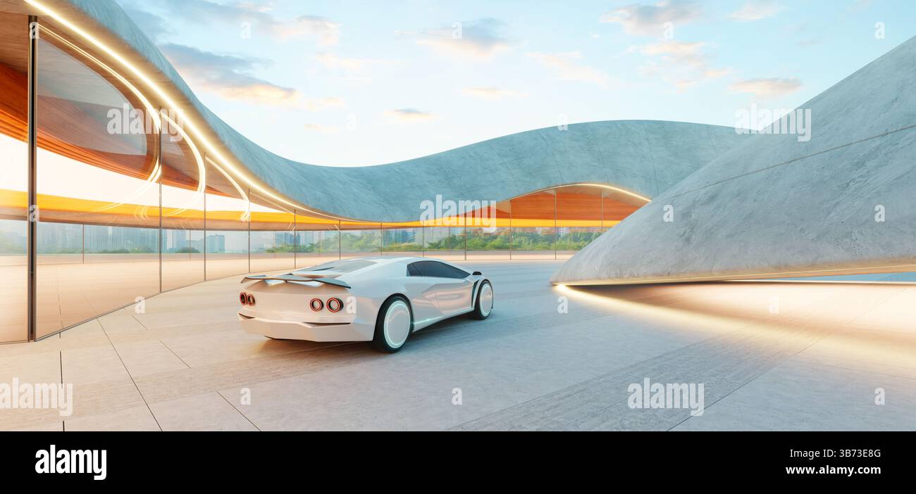 Avveniristica auto bianca parcheggiata all'interno di un moderno parcheggio con pareti curve in cemento e vetro. rendering 3d. Foto Stock