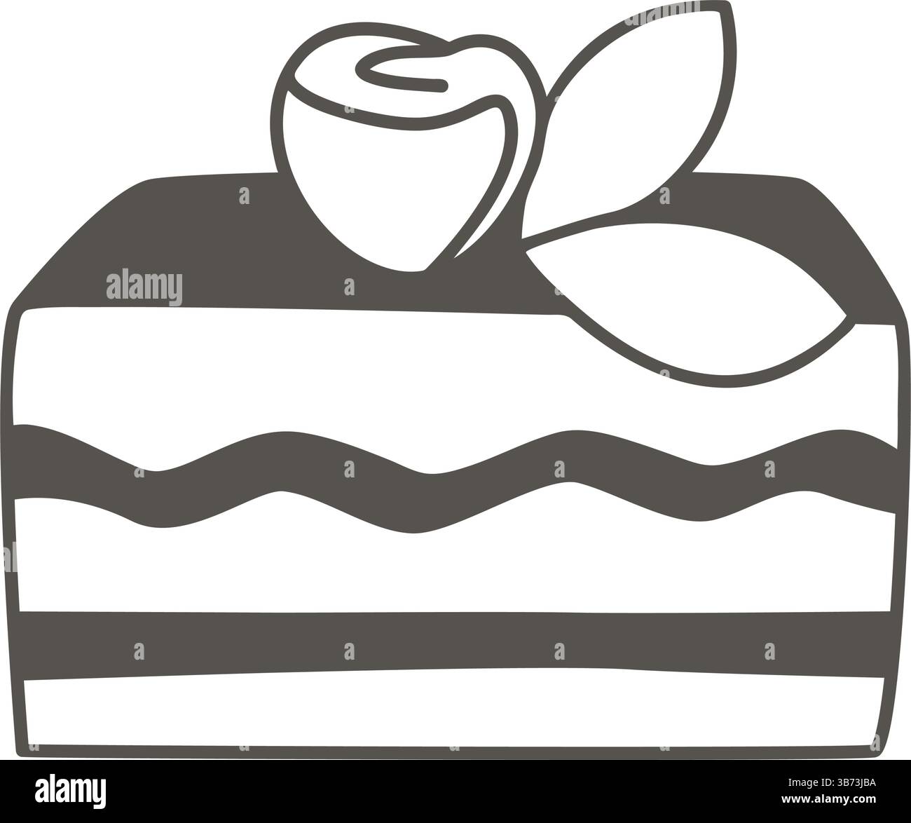 Torta decorata con rosa crema con foglie. Illustrazione raffigurata a mano in bianco e nero con una dolce torta natalizia. Icona dello stile di schizzo Doodle, sezione Illustrazione Vettoriale