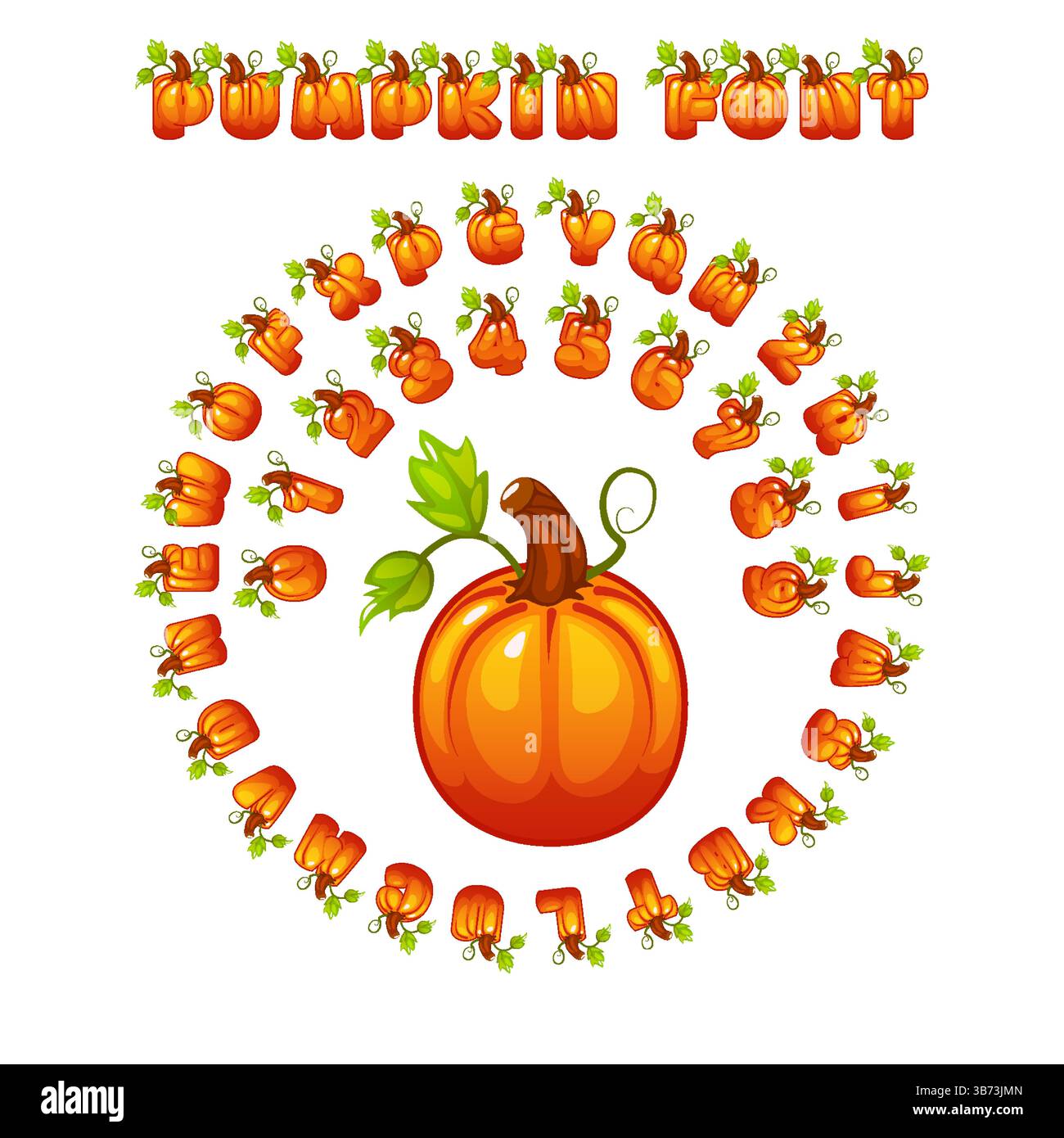 Lettere e numeri dell'alfabeto della zucca di Halloween, perfetto per progetti di festa, per creare biglietti d'auguri, decorazioni e inviti Illustrazione Vettoriale
