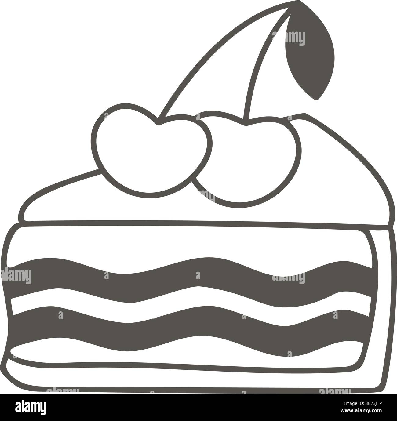 Un pezzo di torta con ciliegie, illustrazione con inchiostro disegnato a mano. Semplice icona, dolce dolce pasticceria fatta in casa, stile sketch. Fetta di bacca bianca e nera Illustrazione Vettoriale