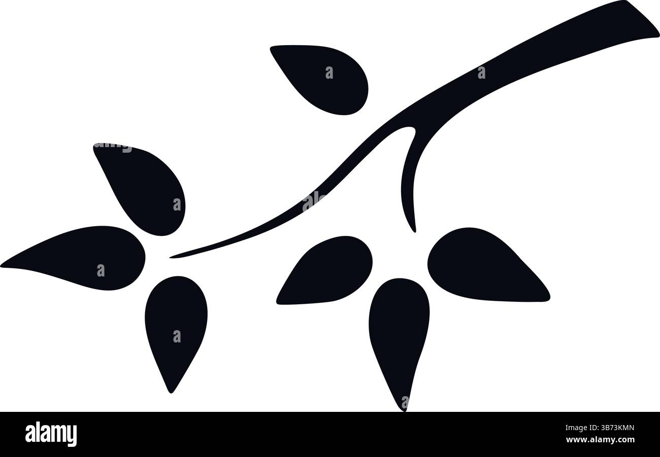 La struttura presenta una semplice illustrazione in bianco e nero. Stile di schizzo dell'icona ramo con lamelle. Ramoscello a foglia con silhouette a inchiostro, elemento vettoriale Illustrazione Vettoriale