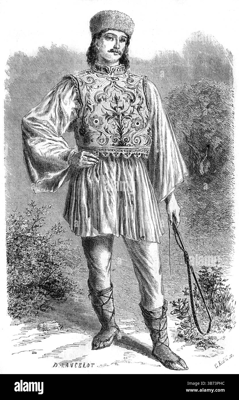 Vlach, valacchi o valacchi che indossano abiti tradizionali, costumi regionali, abbigliamento etnico o etnico Valacchia o Valacchia Romania. Incisione vintage o storica o illustrazione 1866 Foto Stock