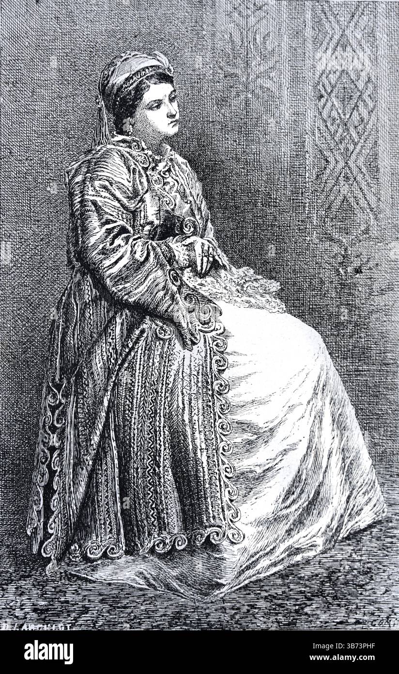 Ritratto seduto di donna nobile, donna borghese o donna di classe superiore che indossa un abito tradizionale a Bucarest in Romania. Incisione vintage o storica o illustrazione 1866 Foto Stock