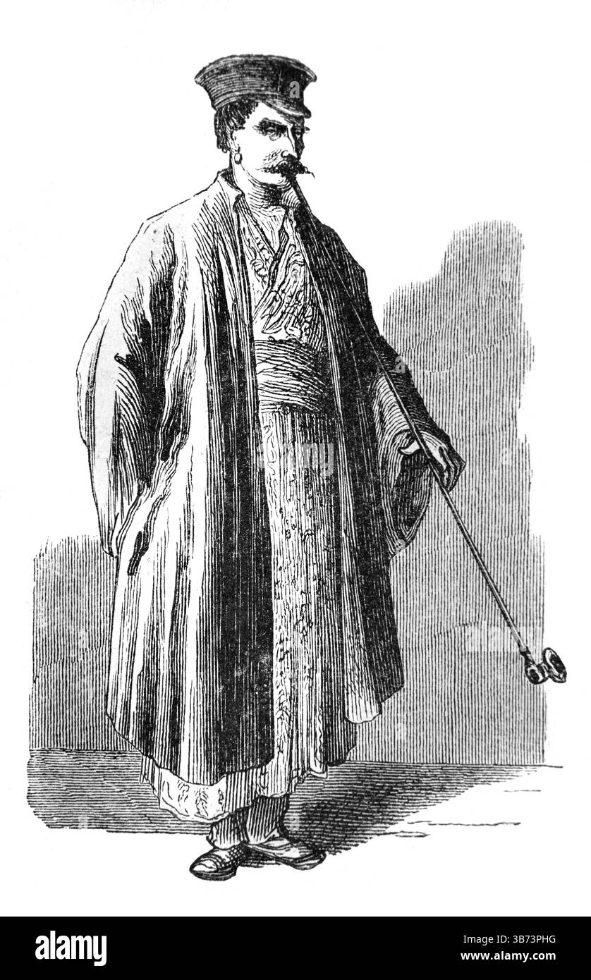 Uomo rumeno o negoziante che indossa abiti tradizionali, costume regionale, abbigliamento etnico o abito etnico Bucarest Romania. Incisione vintage o storica o illustrazione 1866 Foto Stock