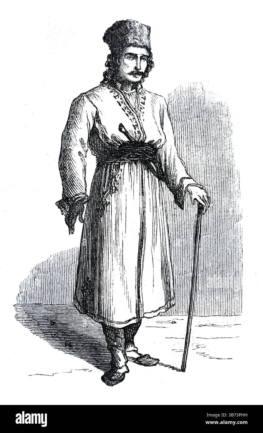 Vlach, valacchi o valacchi che indossano abiti tradizionali, costumi regionali, abbigliamento etnico o etnico Valacchia o Valacchia Romania. Incisione vintage o storica o illustrazione 1866 Foto Stock