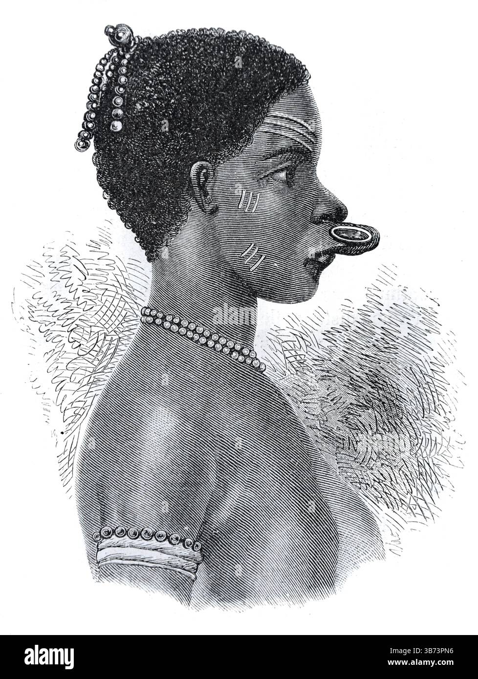 Donna Makonde, dalla Tanzania e dal Mozambico, che indossa un labbro superiore, un tappo per labbra, un disco per labbra, un boccone o un Labret, una modifica estrema del corpo praticata da alcune tribù africane dell'Africa. Incisione vintage o storica o illustrazione 1866 Foto Stock