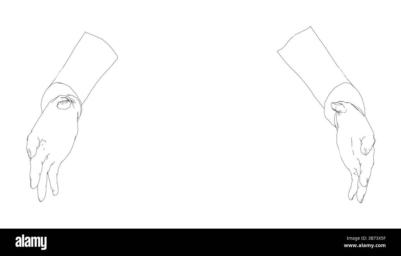 Due mani sono mostrate in un disegno in bianco e nero. Le mani sono posizionate l'una accanto all'altra, con una mano sull'altra. Concetto di connessione AN Illustrazione Vettoriale