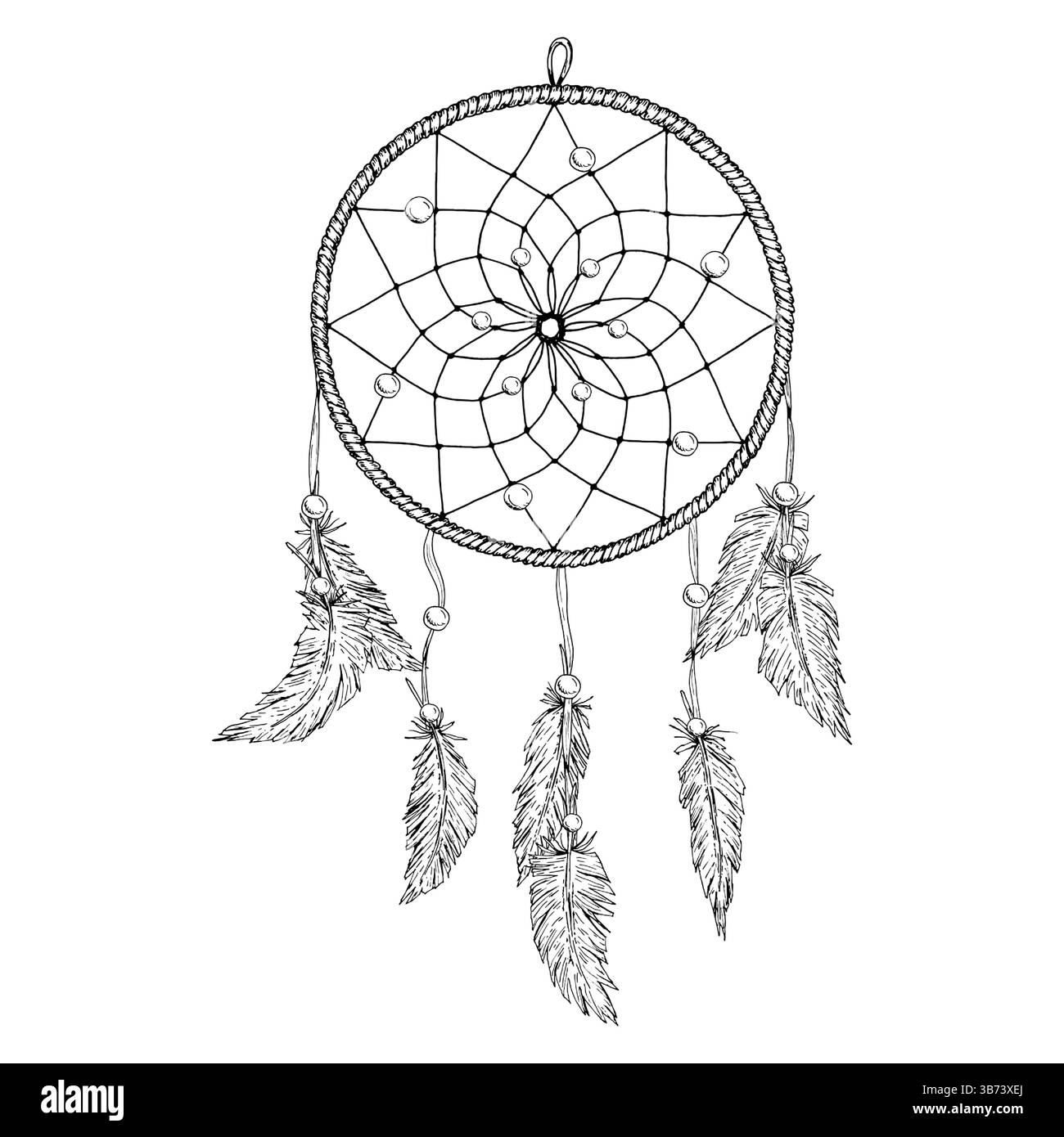 Illustrazione vettoriale di un sognatore disegnato a mano con piume e perline in stile schizzo monocromatico. Adatto per progetti di stampa, tatuaggi, boho Illustrazione Vettoriale