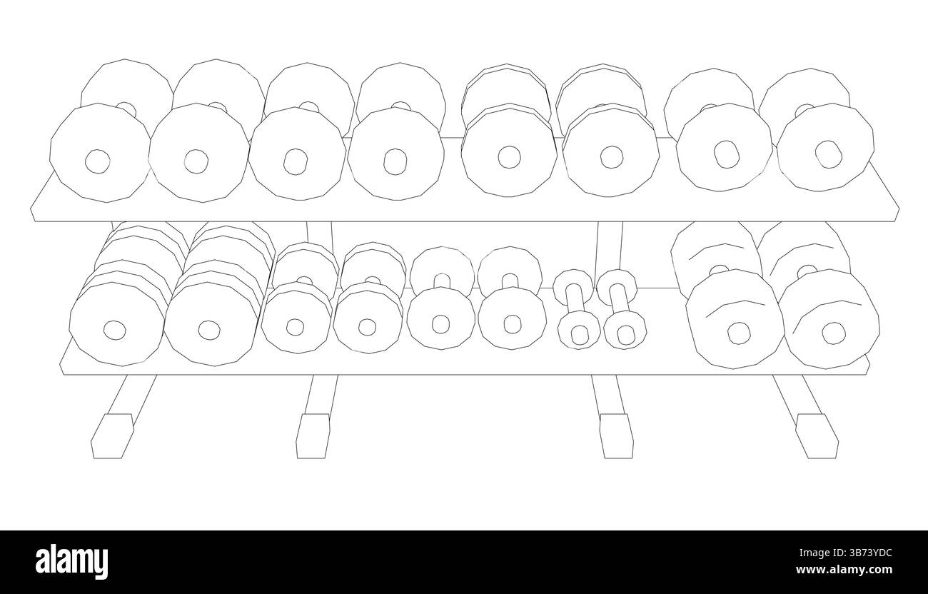 Uno sfondo bianco con un'immagine in bianco e nero di un Dumbbell. I Dumbbell sono sparsi su tutti gli scaffali, e il negozio è pieno di vari si Illustrazione Vettoriale