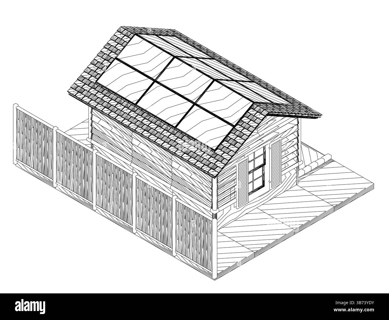 Una casa con un tetto inclinato e una recinzione di fronte. La casa è piccola e ha molte finestre. Vista isometrica. 3D. Illustrazione Vettoriale