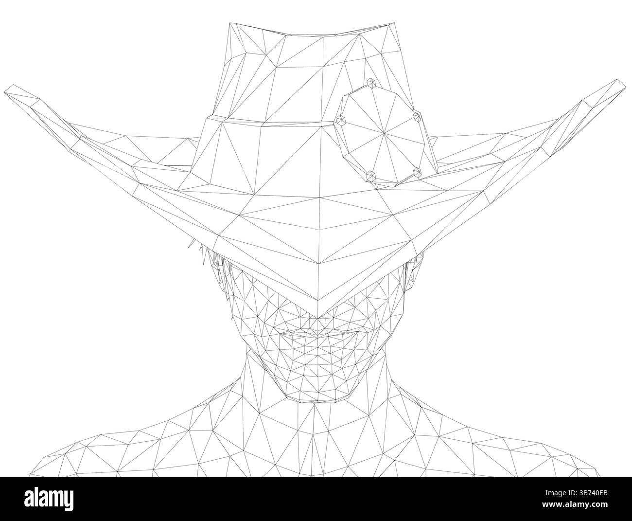 Un uomo che indossa un cappello da cowboy è disegnato in bianco e nero. Il cappello è inclinato a sinistra e ha una forma a diamante sulla parte anteriore. La faccia di quell'uomo non è disegnata Illustrazione Vettoriale