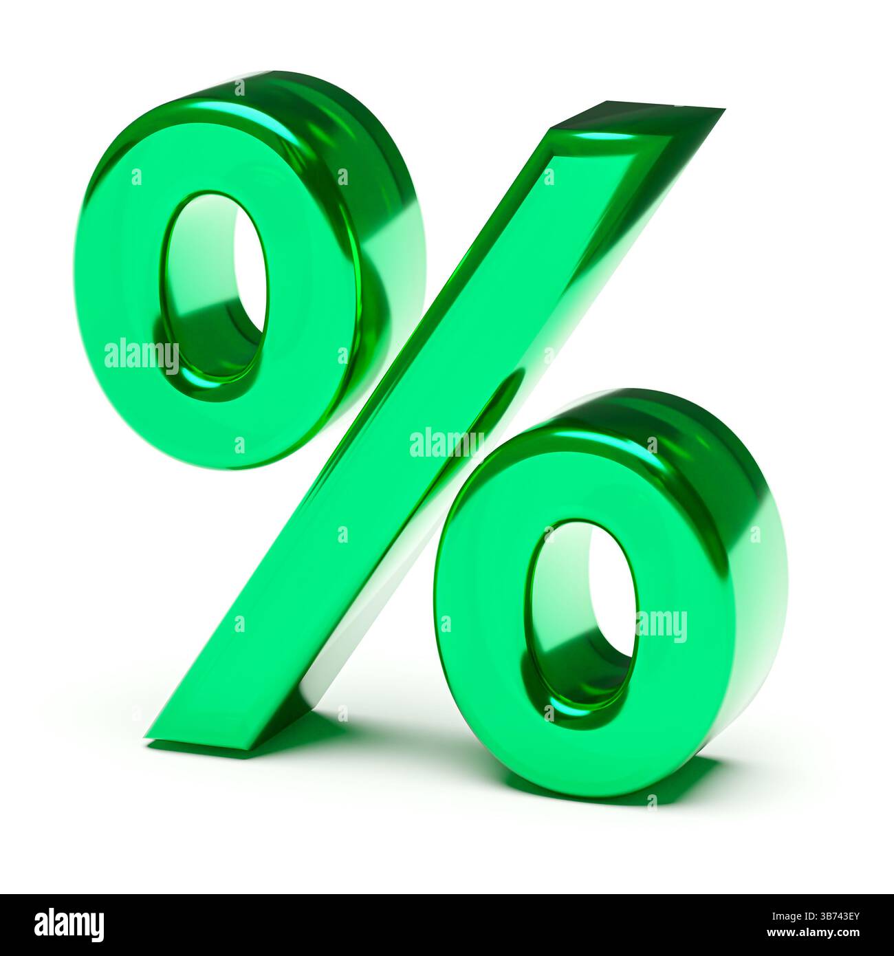 Percentuale. Segno di percentuale verde lucido isolato su bianco Foto Stock