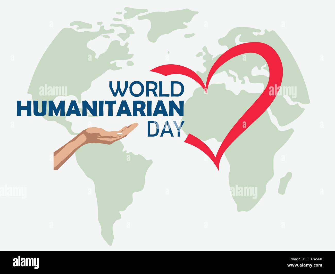 Giornata mondiale umanitaria concetto creativo con icone di cuore e mano per poster, banner, social media. Sfondo della mappa del mondo. Illustrazione vettoriale. Illustrazione Vettoriale