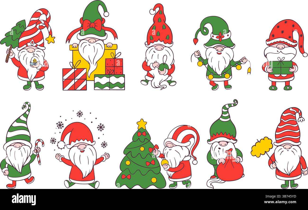 Gnomi di Natale. Simpatici nani con regali giocattoli albero di Natale. Personaggi in stile scandinavo, vacanze invernali divertenti creature neoteriche clipart vettoriale Illustrazione Vettoriale