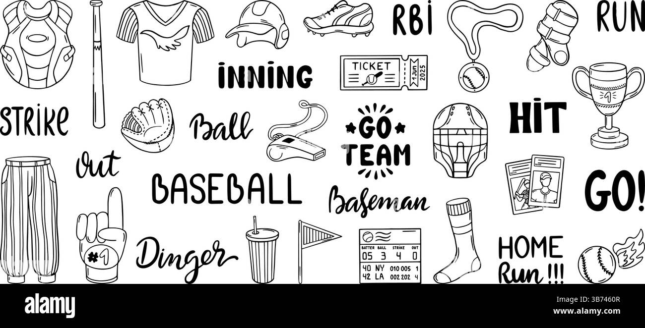 Attrezzatura da baseball disegnata a mano. Formazione sportiva e elementi della concorrenza. Le frasi positive vanno in squadra, scendono, scioperano. Vestiti e trofei, neoterici Illustrazione Vettoriale
