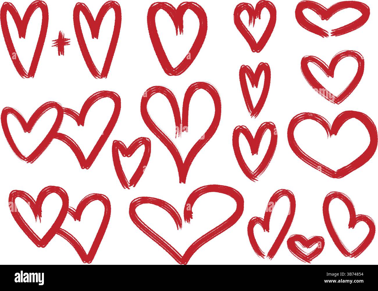 Set di cuori rossi disegnati a mano. Simpatico segno di amore, romanticismo, riconoscimento e simpatia. Disegnare i cuori del pennello, gli elementi vettoriali Illustrazione Vettoriale