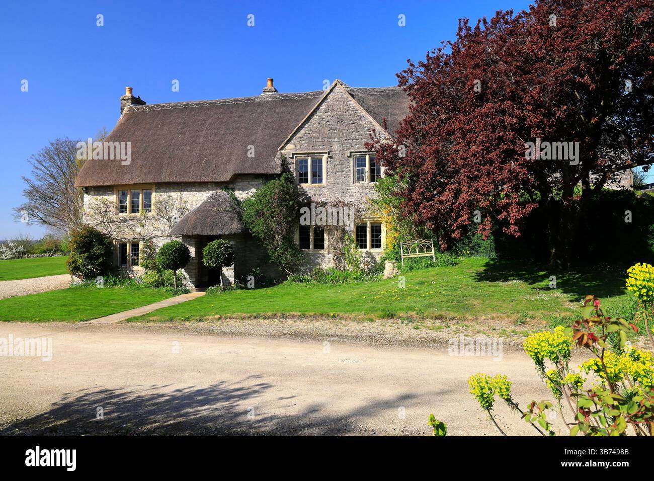Cottage di campagna con tetto di paglia, Kelston vicino a Bath, Somerset, Inghilterra. Foto Stock