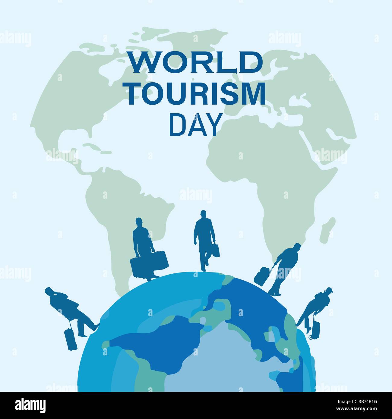 Concetto creativo della giornata Mondiale del Turismo – zaino con icona Mappa Mondiale isolata su sfondo blu. File modificabile EPS per viaggi. Illustrazione Vettoriale