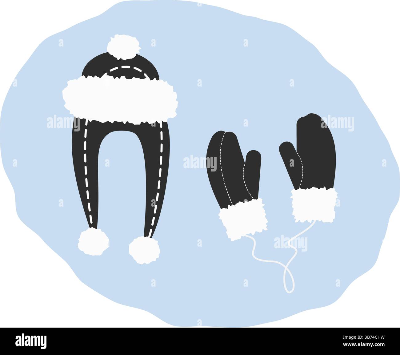 Cappello con patta auricolare e guantoni con decorazioni in pelliccia abiti invernali icona con adesivo Logo Tag elemento di design Set di idee. Illustrazione di vettore isolato scheda tematica delle festività invernali o opuscoli promozionali, banner, poster, etichetta Illustrazione Vettoriale
