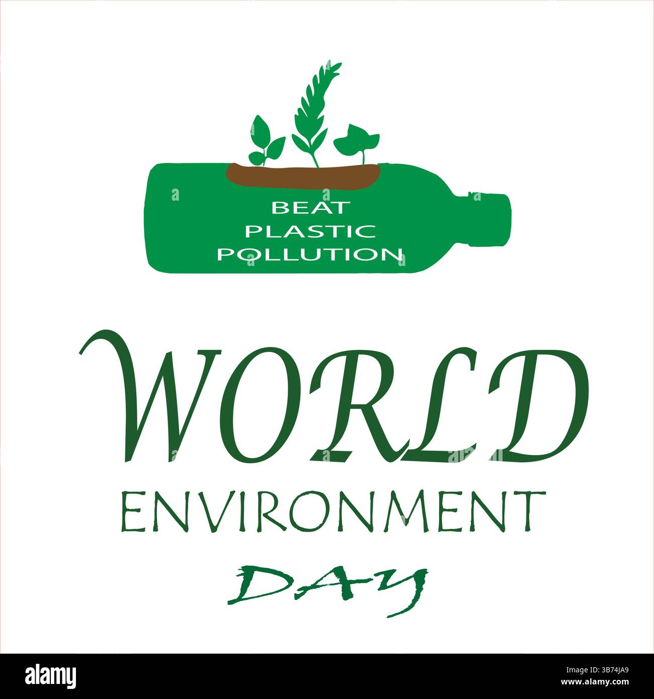 Giornata Mondiale dell'ambiente – 5 giugno. Sconfiggere l'inquinamento da plastica. Concetto di bottiglia e impianto in plastica verde. File modificabile EPS. Design ecologico. Illustrazione Vettoriale