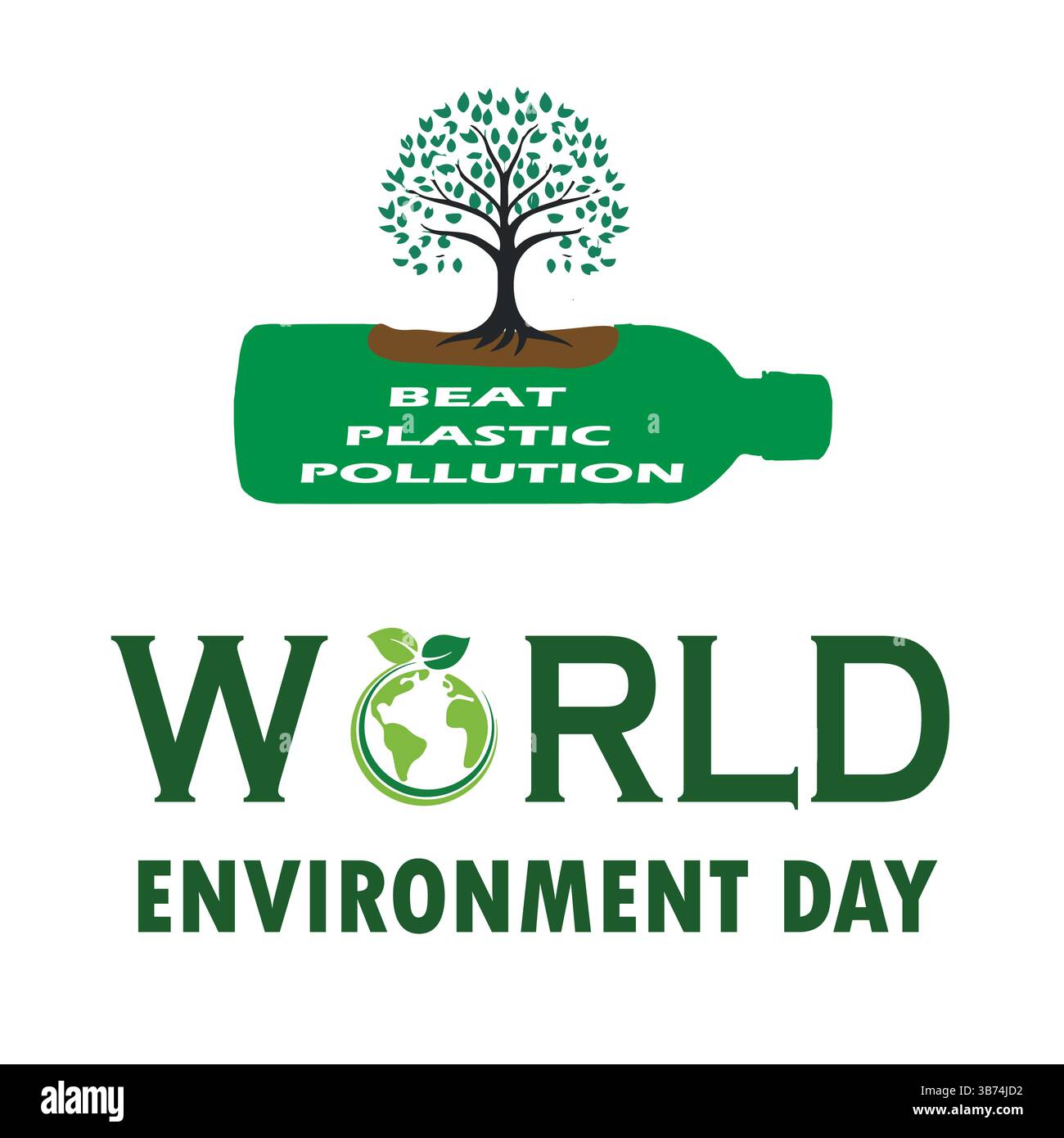 Sconfiggere l'inquinamento da plastica. Bottiglia di plastica verde, mappa del mondo e concetto di impianto. Giornata mondiale dell'ambiente. 5 giugno. File modificabile EPS. Illustrazione Vettoriale