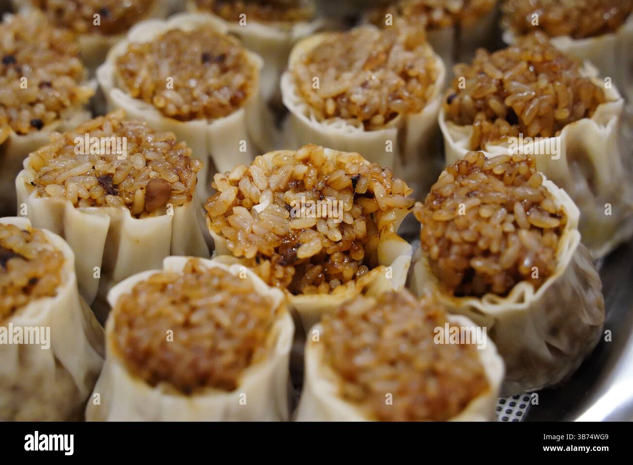 Primo piano di gnocchi Siu mai al vapore con ripieno salato Foto Stock