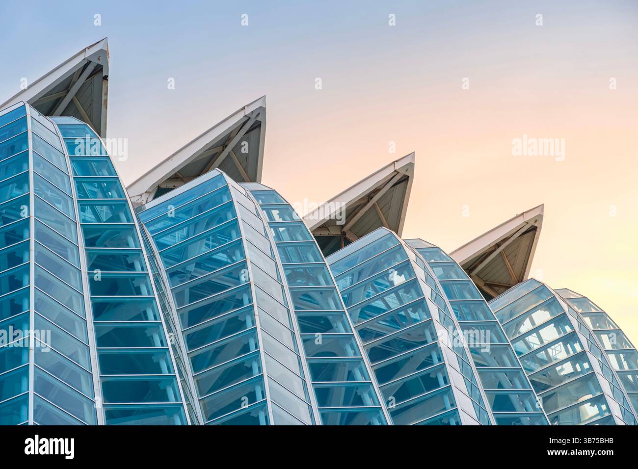 Facciata in vetro astratto verso il cielo in Spagna. Alba, l'ora d'oro di un angolo unico verso l'alto dell'esterno del Museo della Scienza. Città delle Arti e. Foto Stock