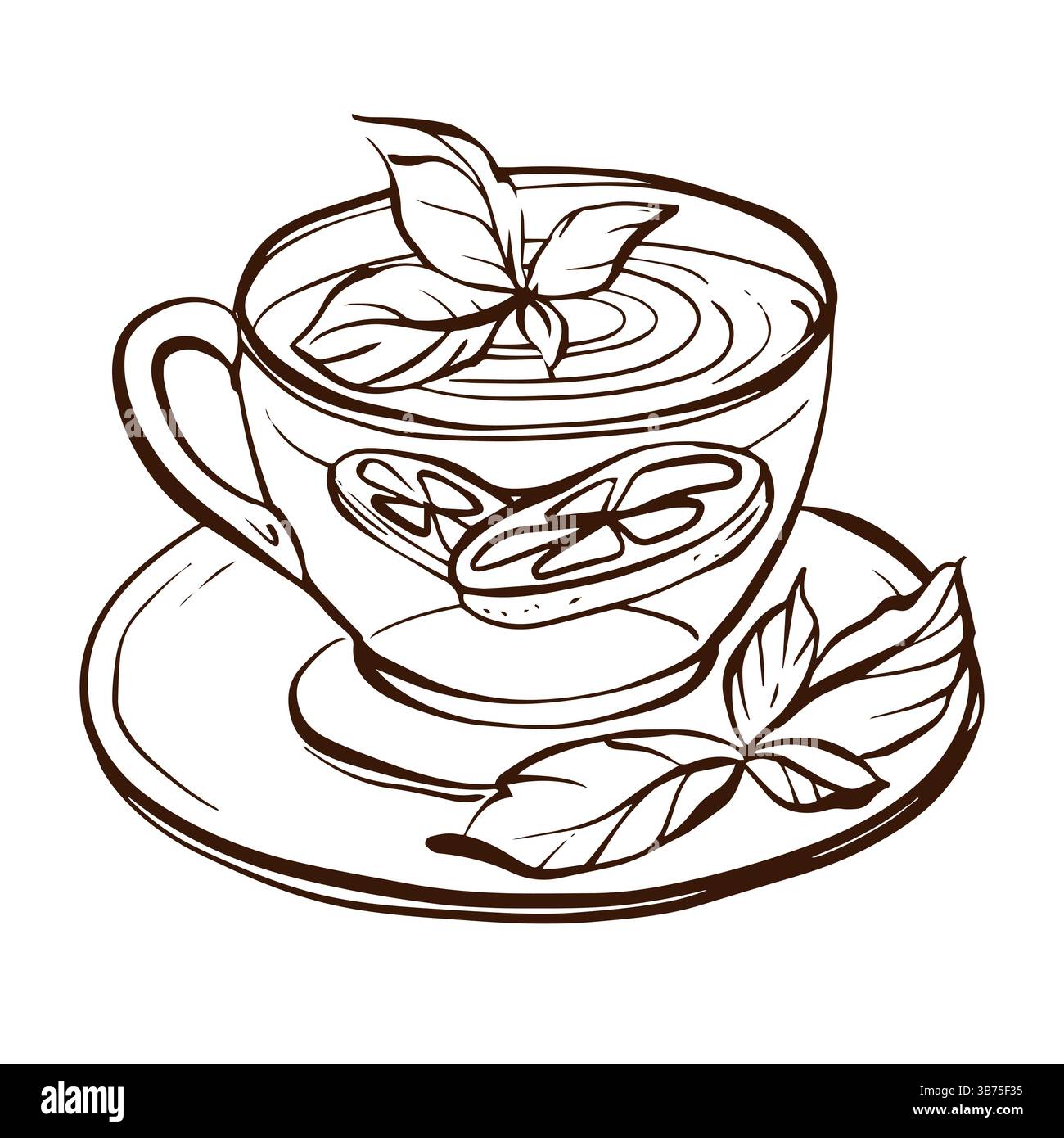 Tazza da tè con limone ed erbe illustrazione vettoriale disegnata a mano Illustrazione Vettoriale