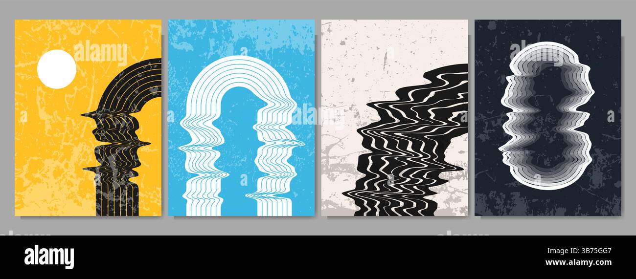 Illustrazione vettoriale. Arcobaleno ritorto in stile nordico contemporaneo. Elementi di design per poster, riviste, copertina di libri, layout, brochure. Retro Illustrazione Vettoriale